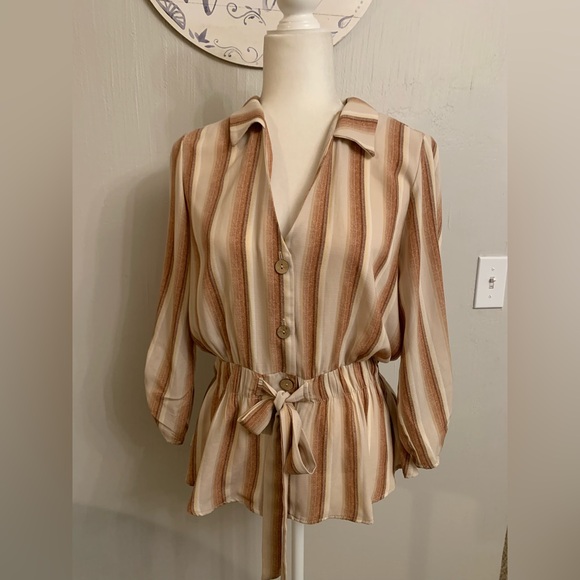 Sweet Rain Tops - Sweet Rain Beige and Brown Striped Blouse